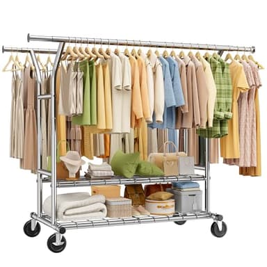 Klyvvo Double Portant a Vetement Solide à Roulettes,Penderie Extensible pour Charge Lourde, Capacité de Charge 200kg, Portant Vêtements Roulettes et Étagère porte, pour Présentation, Rangement, Chromé