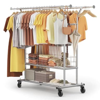 HOKEEPER Porte-vêtements sur roulettes pour charges lourdes, double tringle à vêtements, charge jusqu'à 283 kg, design industriel, avec étagère et panier à linge, longueur et hauteur extensibles