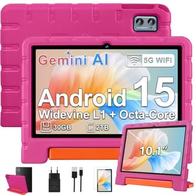 ZIOVO Tablette 10 Pouces Android 15, 30Go RAM+64Go ROM (TF 2To), 5G WiFi Tablettes, Gemini AI, Octa-Core/Widevine L1/Face ID/Contrôle Parental/6000 mAh/BT 5.0, Tablette avec étui Eva -Rose