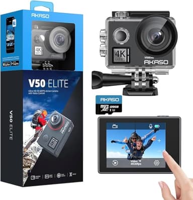 AKASO V50 Elite Caméra Sport 4K 60fps avec Carte Mémoire MicroSDXC 128Go, 20MP Vocale Ecran Tactile EIS Action Camera Etanche sous Marine Angle Vision Réglable 8X Zoom 2 Batteries et Kit d'Accessoires