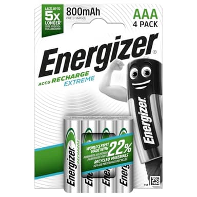 Energizer Recharge Extreme - Piles Rechargeables AAA (Lot de 4) - 800 mAh NiMH - pré-chargées - Puissance Longue durée - Emballage 100% Recyclable et sans Plastique