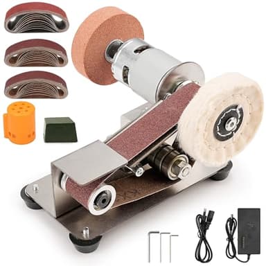 SI FANG Kit mini ponceuse à bande, Affûteurs électrique 15°, petite meuleuse d'établi à 7 vitesses, pour la fabrication de couteaux, l'affûtage des bords d'outils, le travail du bois et du métal