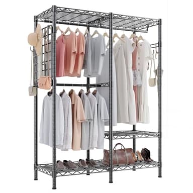 HOKEEPER Portant à vêtements robuste - Charge maximale : 498 kg - Réglable - Avec panneau latéral en maille et crochets - Noir - 117 x 43 x 193,5 cm