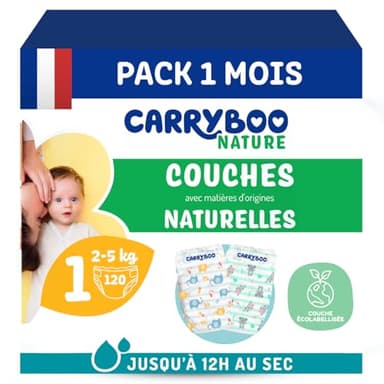 CARRYBOO - Couches Taille 1 (2-5kg) - Peaux sensibles - Naturelles et Ultra absorbantes - 12h Anti-fuites - Sans ingrédients indésirables - Fabriquées en France - 120 Couches Jetables - Pack 1 Mois