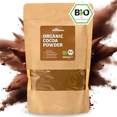RheinNatur Poudre de cacao bio 1 kg – 100% pur cacao de qualité biologique, non sucré et sans additifs – Idéal pour la pâtisserie, le chocolat chaud et les smoothies – Sachet de 1000 g