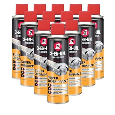 3-EN-UN Technique • Super Dégrippant • Aérosol • Action rapide • Fort pouvoir pénétrant • Compatible avec tous les métaux • 250 ML • Carton de 12