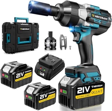 Hecusam 2100 N.M Clé à Chocs Sans Fil Brushless, 3/4" Boulonneuse A Choc Electrique Avec 2 Batterie, Adaptateur 1/2", Visseuse A Choc Pour Voitures Et Machines Lourdes