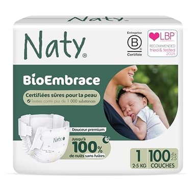 Naty BioEmbrace Couches Bébé Nouveau-né | Certifiées sûres pour les peaux sensibles| Protection anti-fuites jusqu’à 100% | Douceur biosourcée & à base de plantes | Taille 1 (2–5 kg), 100 unités