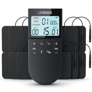 LIORQUE Électrostimulateur Musculaire, Stimulateur Musculaire TENS avec 2 Canaux Indépendant, Avec 3 Modes de Fonctionnement de TENS/EMS/FITNESS pour un total de 50 Programmes de Massage-Noir