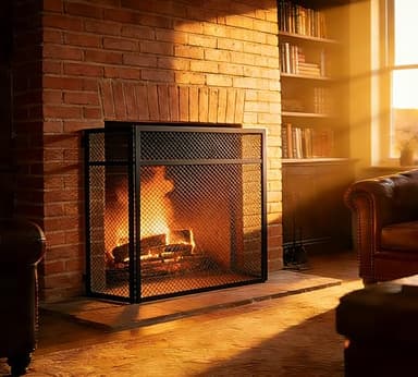 Kingson Paravent de cheminée à 3 panneaux à dessus plat en acier thermolaqué noir avec charnières piano sur toute la longueur – Écran pare-étincelles – Sans danger pour les enfants et les animaux