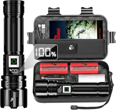 Shadowhawk Lampe Torche Led Ultra Puissante 24H Éclairag | Militaire 1,000,000Lumens Lampe de Poche Rechargeable(2X 5000mAh Batterie), Flashlight Longue Portée pour Camping/Randonnée, avec LCD Display