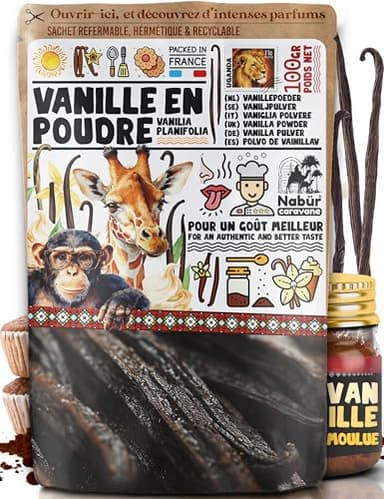 Nabür - 100gr Poudre de Vanille Bourbon, Premium, Vanille Moulue Non Epuisée, Non Sucrée, Sans additifs - Vanilia Planifolia