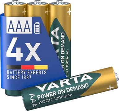 VARTA Piles rechargeables AAA, lot de 4, Recharge Accu Power, 1000 mAh Ni-MH, sans effet mémoire, préchargées, prêtes à l'emploi