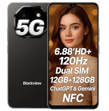 Blackview Smartphone Shark 6 5G avec IA, 12GO+128GO, Écran 6.88" HD+ 120Hz, 3 Assistants IA Intégrés, Caméra 16MP+8MP, Batterie 5000mAh, Double SIM 5G, Android 15 Téléphone Débloqué, GPS NFC, Noir