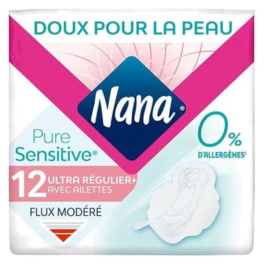 Nana PureSensitive Serviettes Hygiéniques Ultra Régulier Plus - Flux Modéré - 0 % Allergène*, Parfum, Colorant - 12 Serviettes avec Ailettes