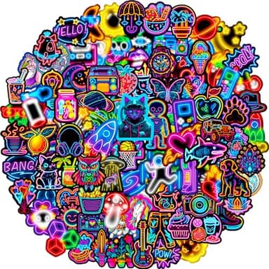 Autocollant 100 Pièces Stickers Neon Cool, Autocollant Vinyle Impermeable, Stickers pour Skateboard Scrapbooking Pc Ordinateur Portable Valise Telephone MacBook Bouteille Tablette Journal Guitare etc