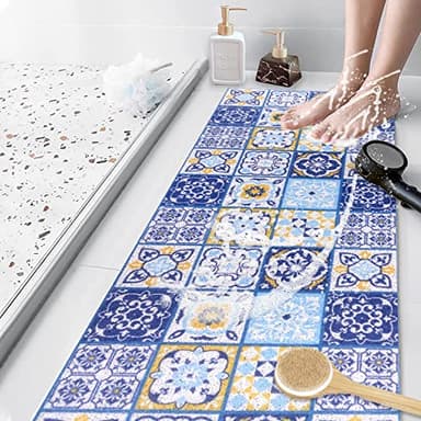 Tapis de Douche Antidérapant 40 x100cm, Tapis de Baignoire de Sécurité Confort Doux avec Trous de Drainage, Tapis de Bain de Massage en PVC Luffa pour Zones Humides, Séchage Rapide