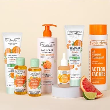 EVOLUDERM – Routine Visage & Corps Éclat 7 produits – 1x Lait + 2 Huiles + 1 Sérum Vitamine C + 1 Gommage & masque carotte + 1 Lait Éclaircissant + Gant Exfoliant Offert - Fabrication Française