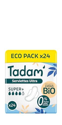 TADAM’ - Serviettes Hygiéniques Dermo-Sensitives - Protections Hygiéniques Femme Ultra Fines avec Ailettes - Flux Super - Extra Absorbantes - A base de Coton Bio - Confort Jour et Nuit - Ecopack