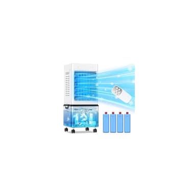 Climatiseur Mobile Silencieux Rafraîchisseur d'Air 12L, Entrée d'Air sur 3 Côtés, 45W avec 6 Vitesses, 3 Modes, Minuterie 24H, Oscillation 60°/120°, 4 Blocs de Glace Inclus pour Chambre, Bureau