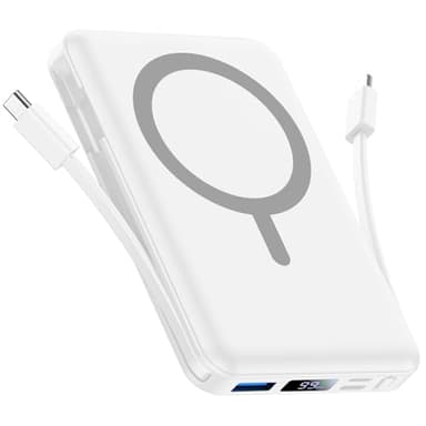 Vexnara Batterie Externe iPhone Magnétique, Compatible avec MagSafe 10000mAh sans Fil Power Bank Charge Rapide avec 2 Câbles Intégrés Affichage LED Compatible iPhone 17/16/15/14/13/Pro/Pro Max-Blanc