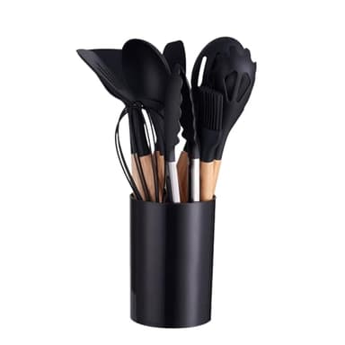 Ensemble D'ustensiles De Cuisine En Silicone - Eńsemble Đ'uštensiles Dè Cùisine | Ensembles D́'usŧensiles, Manche Eń Bois Avec 12 Eńsembles D̄'ustënsiles D́e Cuîsine Ên Sìlicone | Organisateur Dë Cuiș