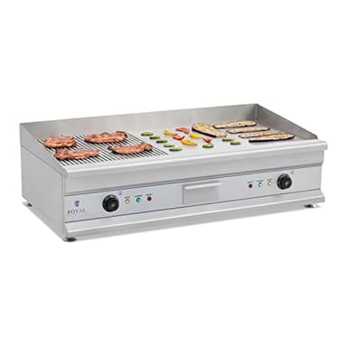 Royal Catering Plancha Grill Électrique Double RCG 100G (Plaque 100 x 40 cm, 2 x 3 200 W, Surface de Cuisson Lisse Et Nervurée, 2 Zones de Chauffe Indépendantes, Pare-Projections, Gouttière)