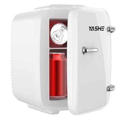 YASHE Mini Frigo de Chambre, 4 Litres/ 6 Canettes, Petit Frigo Thermoélectrique CA/CC pour Boissons, Nourriture, Beauté, Bureau, Dortoir, Voiture, Blanc