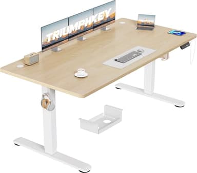 TRIUMPHKEY Bureau Réglable en Hauteur 160x80 cm, avec Rappel de Sédentarité et 3 Mémoires, Port USB-A, Système Anti-Collision, Bureau de Télétravail, Beige
