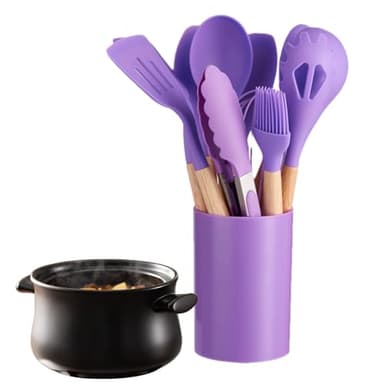 Ensemble D'ustensiles De Cuisine En Silicone - Eńsemble Đ'uštensiles Dè Cùisine | Ensembles D́'usŧensiles, Manche Eń Bois Avec 12 Eńsembles D̄'ustënsiles D́e Cuîsine Ên Sìlicone | Organisateur Dë Cuiș