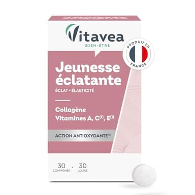 Vitavea - Jeunesse éclatante - Collagène, Vitamine C, Vitamine E et Vitamine A - Complément alimentaire peau - Beauté de la peau, éclat et jeunesse - 30 comprimés - Cure 1 mois - Fabriqué en France