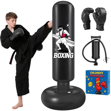 Sac de Frappe Enfant, Qoosea 168cm Punching Ball Enfants avec Gants de Boxe, Gonflable Sac de Boxe, Cadeau Parfait pour Garçons et Filles 3 à 14 Ans pour Karaté, Taekwondo