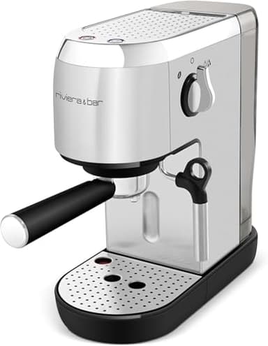 riviera&bar Machine à Expresso Compacte - 1400W, 19 Bars, Réservoir 1,4L, Plateau Chauffe-Tasses, Filtre 1 et 2 Tasses, Arrêt Automatique - Compact et Polyvalent - Inox Satiné