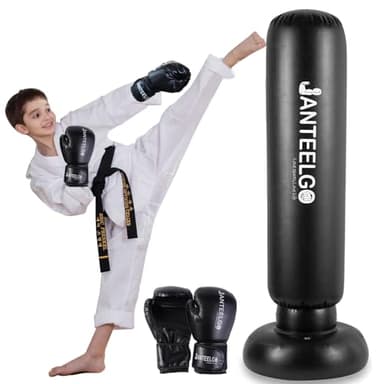Punching Ball Enfants avec Gants de Boxe: JanTeelGO 150cm Boxe Enfant Gonflable - Sac de Frappe Enfant Cadeau pour GarçOns Et Les Filles 3 à 12 Ans Pratiquant Le Karaté, Taekwondo