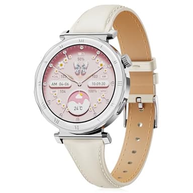 BOALZETD Montre Connectée Femme - Élégant Petit Poignet avec Écran AMOLED 1,19" Bracelet en Cuir Fin, Smartwatch avec Podometre, Cardiofrequencemetre/SpO2/Sommeil pour iOS/Android, Argent/Stellaire
