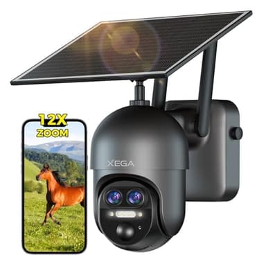 Xega 4G LTE 12X Zoom Hybride Caméra Surveillance Solaire Exterieure sans Fil,2K PTZ Double Objectif Caméra avec Carte SIM, 10400mAh Batteries,AI Détection Humaine/PIR,30m Vision Nocturne Couleur,IP66