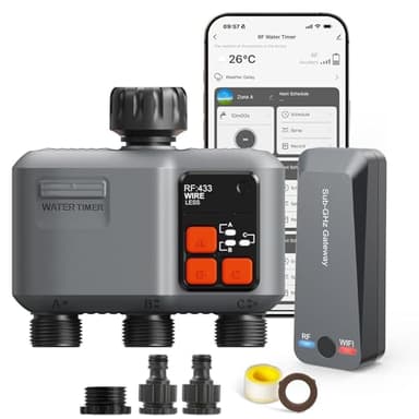 johgee Programmateur Arrosage WiFi 3 Voies avec Passerelle Technologie RF 300M, Minuteur Arrosage Automatique avec Alexa et Google, Minuterie D'irrigation Programmable et Arrosage à Distance
