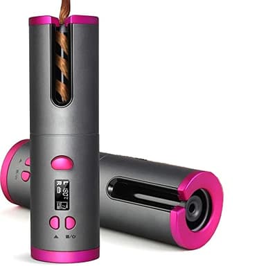 EMEBAY Fer à Friser Automatique Sans Fil, Boucleur à Cheveux Rechargeable USB, Bigoudi Anti-Brûlures avec Minuterie, Fer à Boucler Auto Rotatif Portable 6 Température Cheveux Longs et Courts