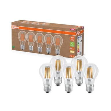Osram Lampes LED très efficaces avec classe d'efficacité énergétique A, Pack avantage avec 5 ampoules, remplace les ampoules à incandescence 100W, blanc chaud, E27,verre filament