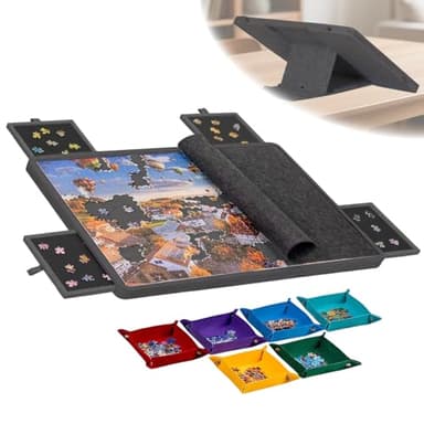 Planche à puzzle inclinable avec 4 tiroirs, table de puzzle portable avec support 2 en 1 et couverture, plateau de puzzle en feutre super léger avec 6 compartiments de tri, accessoires de puzzle