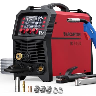 ARCCAPTAIN Poste à Souder MIG MAG, 200Amp 6 en 1 Gaz MIG/Sans gaz Flux Core MIG/Électrode Enrobée/Lift TIG/Soudage par points/Pistolet à fil 230V Machine de soudage multi-processus en aluminium