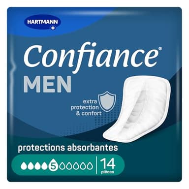 Confiance Men - Petites Protections Anatomiques Absorbantes pour Hommes - Discrètes - Niveau d'Absorption = 5 gouttes (Fuites Urinaires Moyennes) - pH Neutre à la Peau - 14 Unités