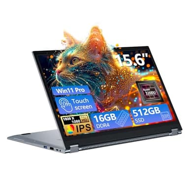 Ordinateur Portable 15,6 Pouces 2-en-1 - PC Portable Win 11, 16Go RAM 512Go SSD, Laptop avec Processeur Ryzen 3 3200U, Écran Tactile IPS FHD 360° Rotation, Graphiques Radeon, Léger avec RJ45 Type-C