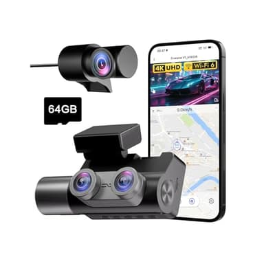 Frvesroe dashcam Voiture 3 canaux, 4K UHD 170° (Avant) + Full HD 140° (arrière/intérieur), Parking 24h, WiFi 6, GPS, Dash cam Vision Nocturne HDR/WDR, écran IPS 3" avec Carte 64 Go (V1)
