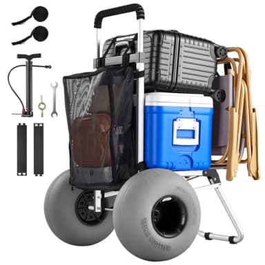 VEVOR Diable de Plage Tout-Terrain, Chariot de Transport Pliable Charge Maximale 75 kg, pour Camping Pêche Jardin Extérieur, Plateau de Chargement 50,5x37,4 cm, Roues Ballons 32 cm, Hauteur Réglable