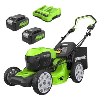 Greenworks 48V (24V x 2) Tondeuse à Gazon Sans Fil Autopropulsée Pelouses Jusqu'à 480m², Largeur de Coupe 46cm, Sac 55L, INCLUS 2 X 24V 4Ah et Chargeur Double, Garantie 3 Ans , GD24X2LM46SPK4X