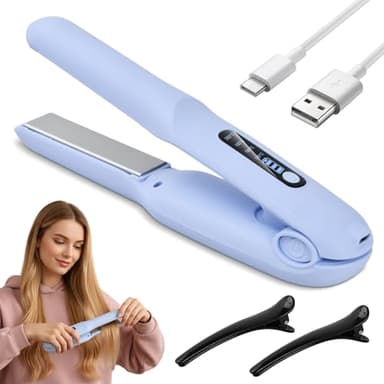 Focenat Fer à Lisser Sans Fil 2 en 1 Lisseur Boucleur Cheveux, 4 Températures Réglables 140–200°C, avec Écran LED, Mini Lisseur de Voyage USB Rechargeable 4000 mAh, pour Tous Types de Cheveux (Bleu)
