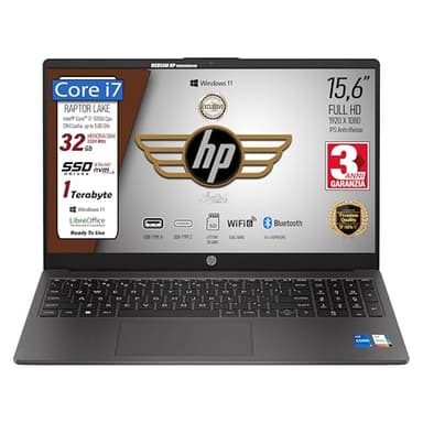 HP 250 G10, PC portable CPU Intel Core i7-1355U 13th 10 cœurs, jusqu'à 5 GHz, RAM 32 Go, SSD 1 To, écran 15,6" FHD, Wi-Fi 6, BT, WebCam, HDMI, Win 11Pro, cybersaver, prêt à l'emploi, 3 ans de garantie