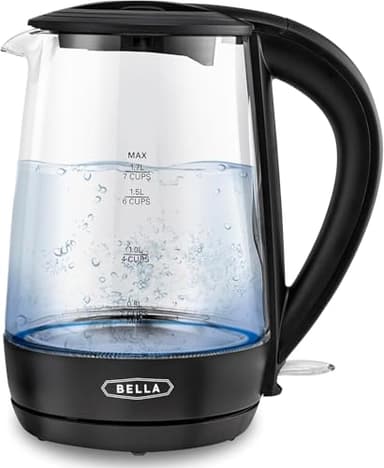 bella Bouilloire électrique, 1,7 l - Bouilloire en verre portable et sans fil avec éclairage LED changeant de couleur, fonction d’arrêt automatique et protection contre l’ébullition à sec, noir