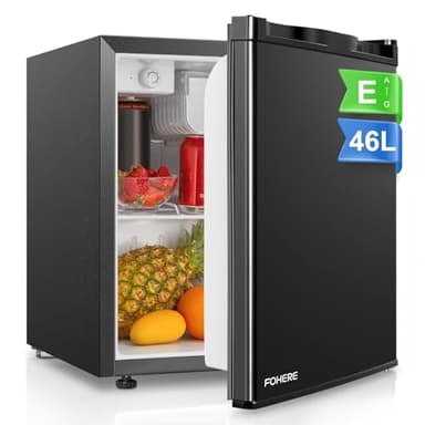 FOHERE Mini Réfrigérateur 46L, Mini Frigo avec Congélateur, Thermostat Réglable, Économie d'Énergie, Silencieux, Porte Réversible, Minibar, Adapté à la Maison et au Bureau, Dortoir, Hôtel, Noir